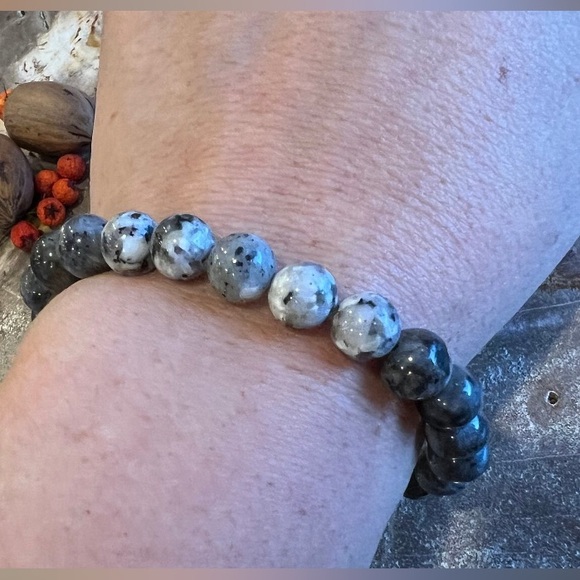 Men .925 Silver Grey Larvikite Bracelet Sesame Kiwi Jasper Gemstone Stretch 19cm - Picture 3 of 3